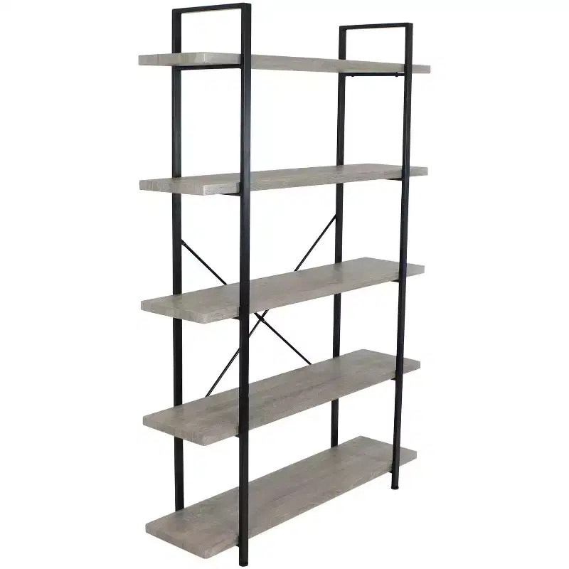 5-Shelf Industrial Freestanding Etagere Bookshelf, Oak Gray Wood Veneer, 47.5