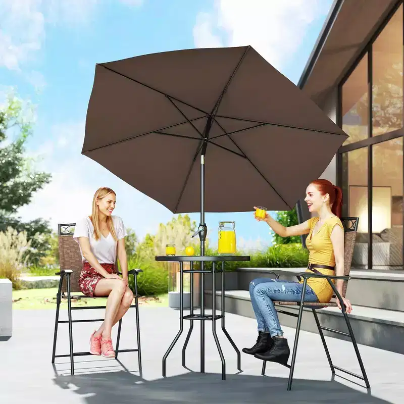 4 Piece Outdoor Bar Set with Umbrella, Patio Dining Set with 2 Folding Chairs, Wave Textured Tempered Glass Table for Backyard, Garden, Deck, Poolside