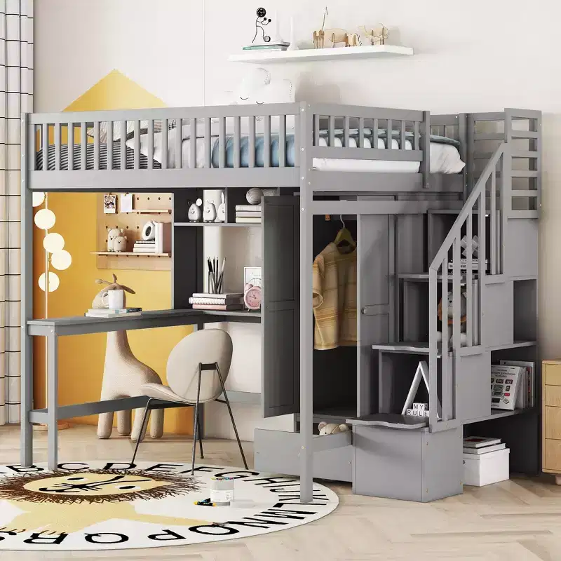 Wood Full Size Loft Bed with Bookshelf, Desk, Drawers & Wardrobe 94.4''L x 57''W