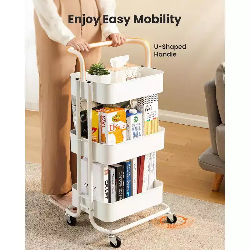 3-Tier Mesh Utility Cart - Rolling Metal Storage Cart with Handle & Lockable Wheels for Kitchen, Living Room & Office, White