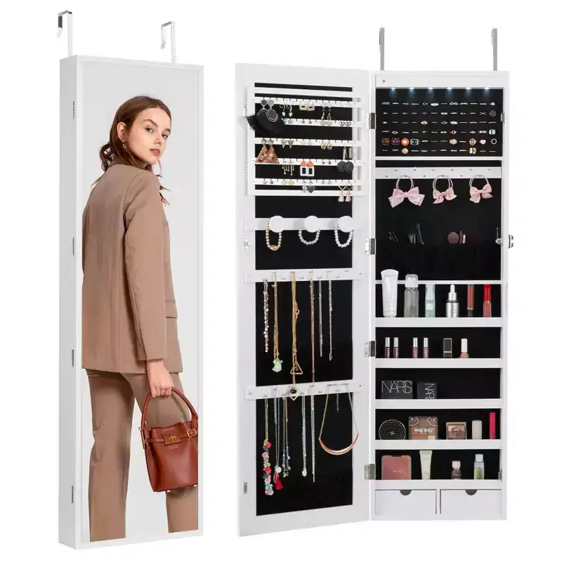 VEVOR Mirror Jewelry Cabinet, 47.05-Inch Tall Lockable Jewelry Cabinet Armoire with Full-Length Mirror, Wall or Door Mounted Jewelry Mirror, White
