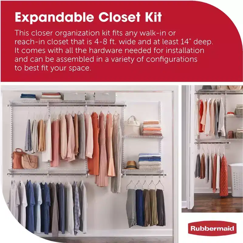Rubbermaid Configurations 4-8 Feet Custom DIY Closet Organizer Kit, White