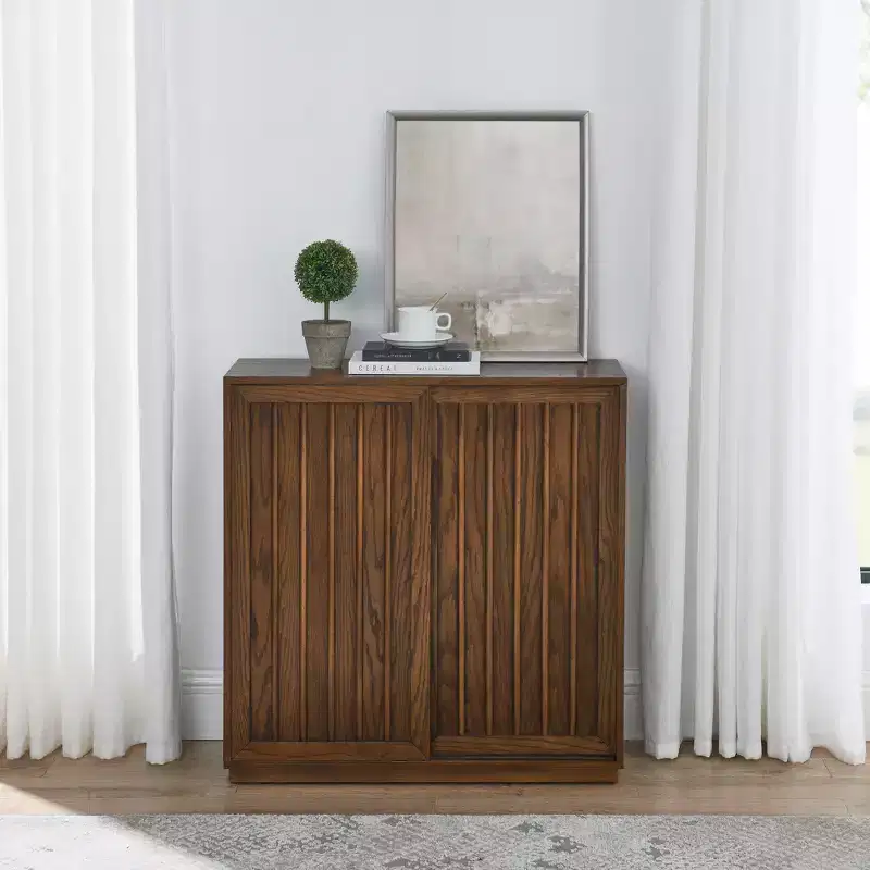 Mid-Century Modern Sideboard with 2 Sliding Doors and Solid Wood Decorative Strips, Storage Cabinet for Living Room or Dining Room