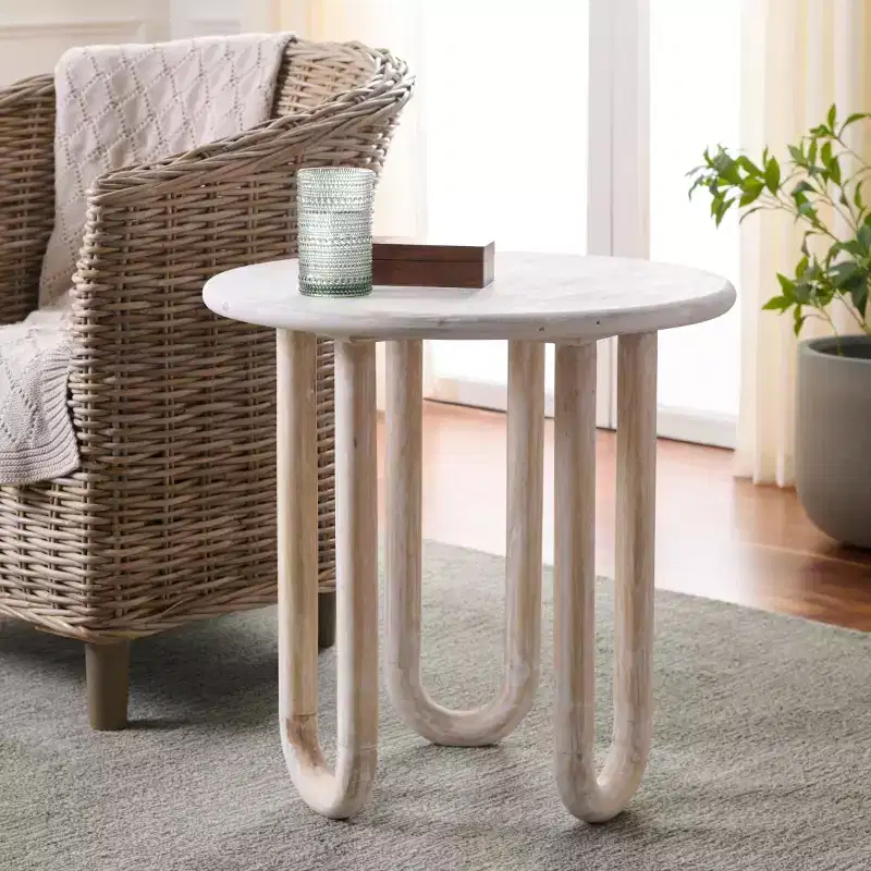 Round Mango Wood Accent Table, Natural Wash Finish, 22