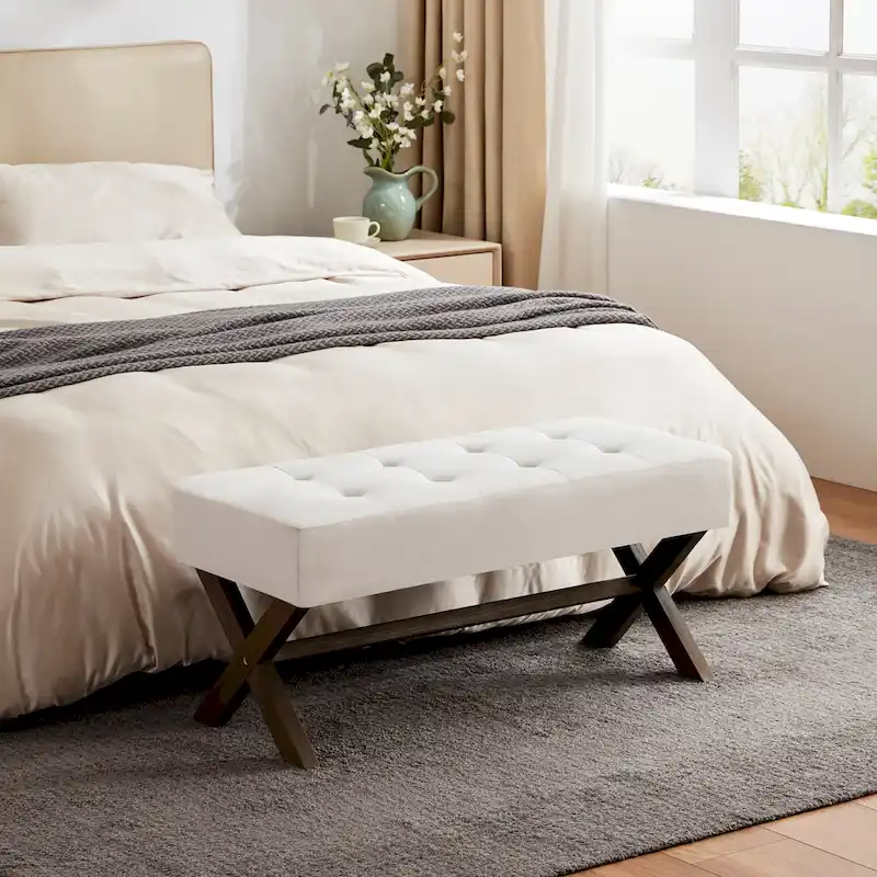 Fabric Entryway Bench Beige/ Grey/ White Upholstered Bench with X-Shaped Legs, 35-inch