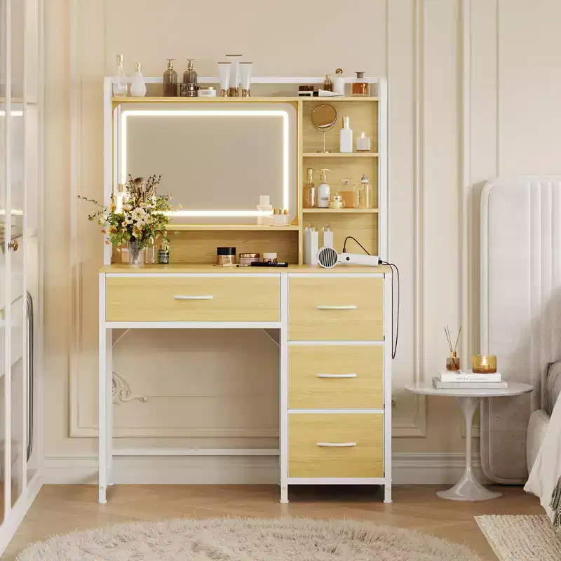 35.4 Vanity Desk with Mirror & Lights,Makeup Table with 4 Fabric Drawers & Storage Shelves,Adjustable Dressing Table for Bedroom