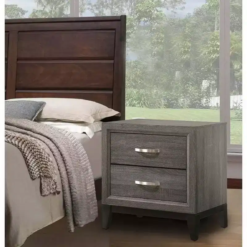 Hampton Style 25-Inch Modern 2-Drawer Nightstand with Metal Handle, Gray Foil Finish