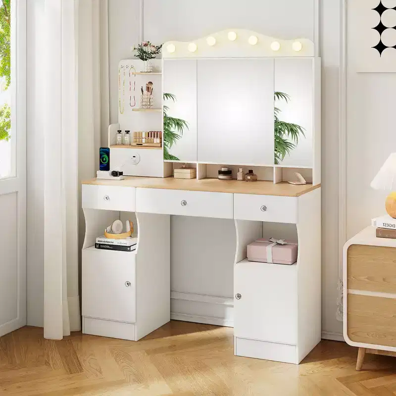 Makeup Vanity with Foldable Three-sided Mirror and 2 USB Power Strip, Makeup Table with Ample Storage, Dressing Table for Home, White