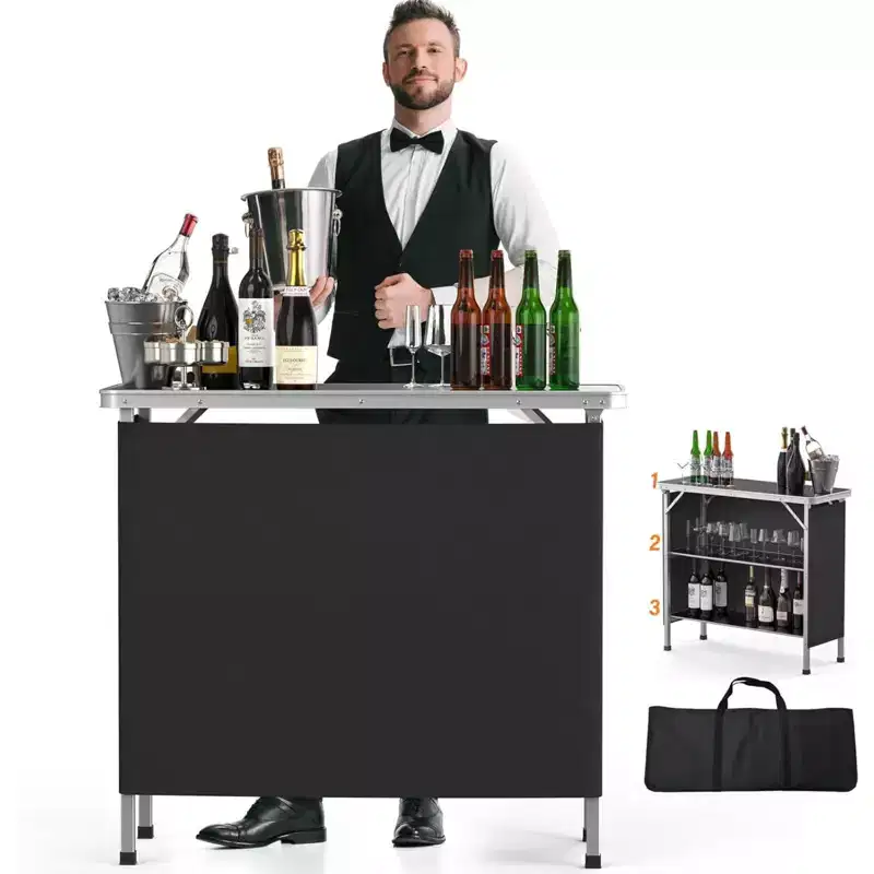 VINGLI Portable Bar Table, 2-Tier Shelves, Mobile Bar Table for Events, Party, Camping, Picnic, Tradeshow, Indoor with Black Skirt, 39 L x 34 H