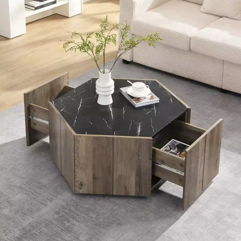 Faux Marble Top Hexagon Coffee Table with Hidden Storage Drawers