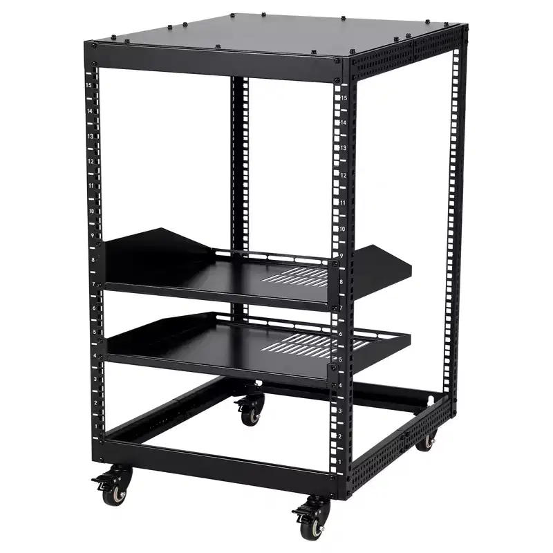 Open Network Rack, Carbon Steel, Height Adjustable 22-40 in, Wall Mount & Free Standing, 2 Trays & Casters, Server Rack Holds IT/AV Equipment.