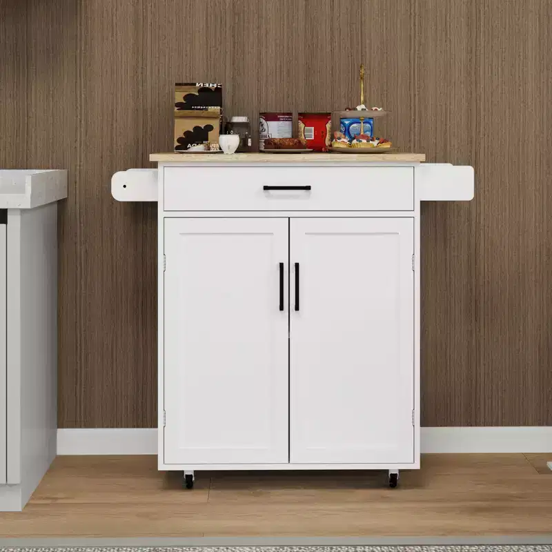 TUYOHW Kitchen Island Cart with Rubber Wood Top,Rolling Kitchen Island with Drawer,Adjustable Shelves,Towel Spice Racks for Kitchen,Dining Room