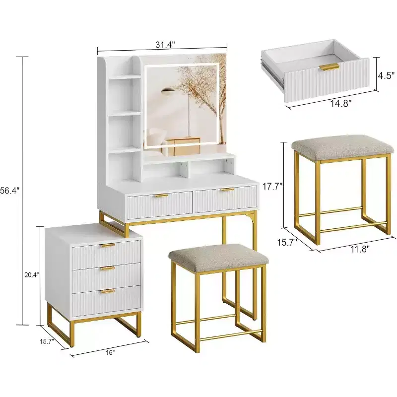 Makeup Vanity Desk with Mirror, Vanity Table Set With Cushioned Stool, Dressing Table With 5 Large Drawers, Bedroom Vanity for Women