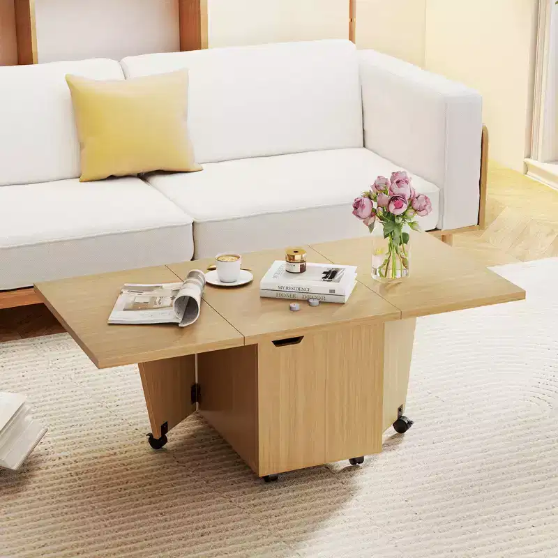 Costway Foldable Coffee Table 48 Extendable Center Table with Storage Cabinets & Wheels Oak/Walnut/Brown