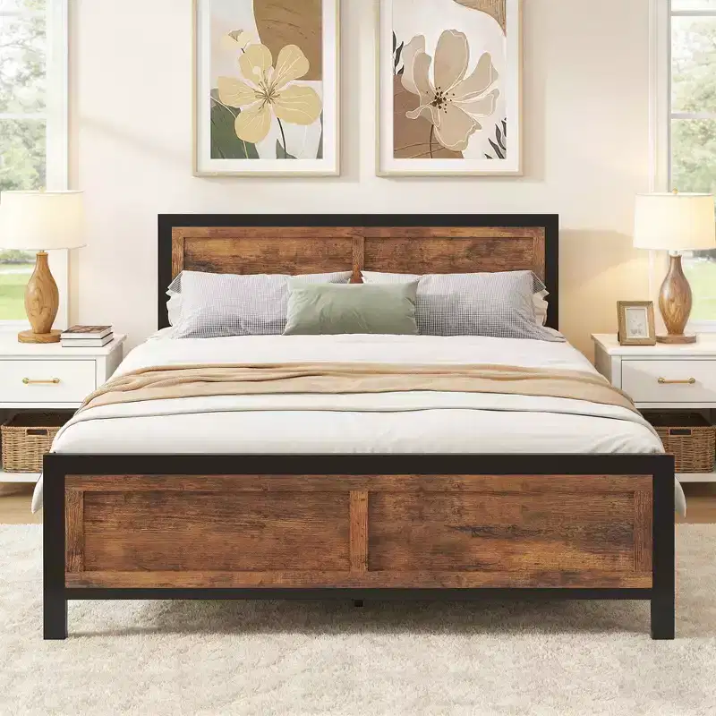 Queen Bed Frame with 4 Storage Drawers – Metal Platform, Wood Headboard & Footboard
