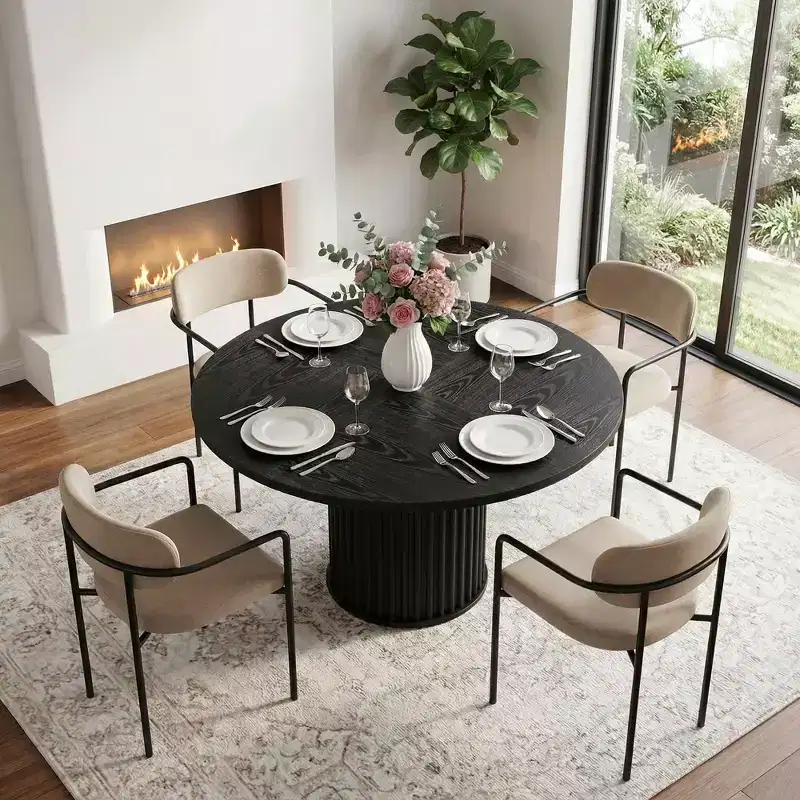 MAYEERTY 47 Round Wood Dining Table, Kitchen Table with Sturdy Fluted Metal Base