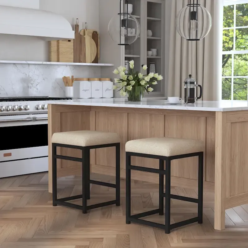 Backless Industrial Metal Counter Stool, 24in Seat Height, Textured Weave Fabric, Black Finish