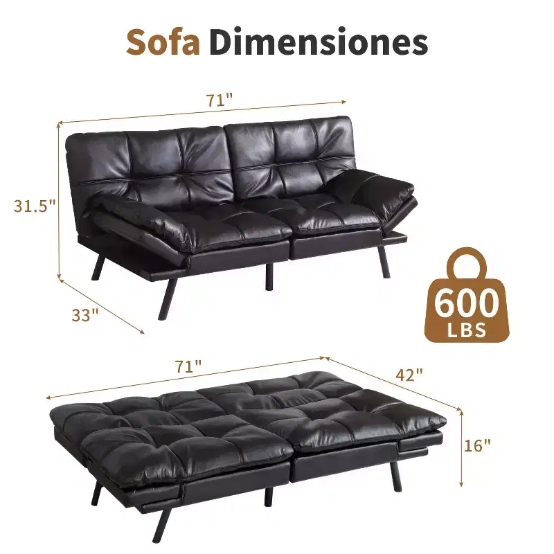 Dyonery 71 Faux Leather Convertible Futon Sofa Bed with Adjustable Backrest & Armrests, Comfy Loveseat Sleeper Couch for Compact Spaces