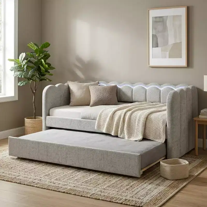 Charlotte Modern Wood Upholstered LED Daybed with Trundle