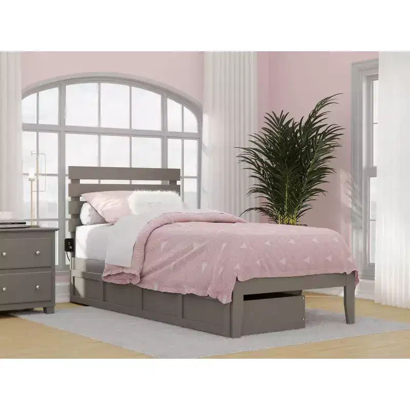 Twin Oxford Bed with USB Turbo Charger and 2 XL Drawers Gray - Hardwood Frame, Painted Finish, 600 lb Capacity