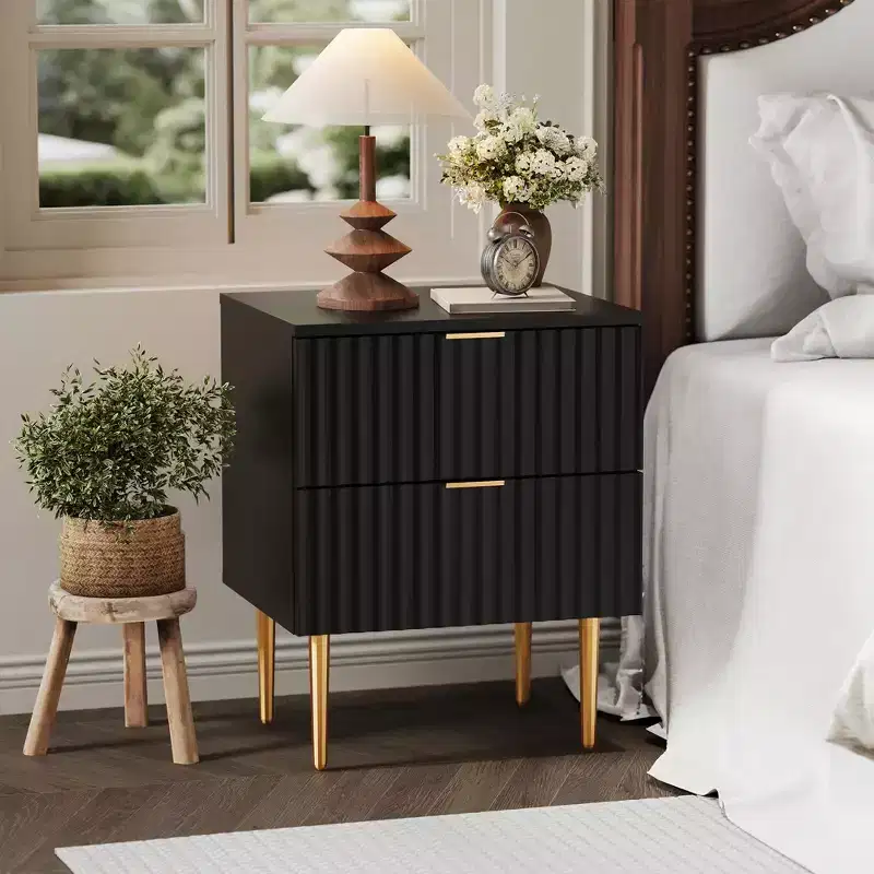 24Modern Fluted Nightstand with Charging Station & 2 Drawers, Gold & Wood Bedside Table with USB Ports & Outlets, for Bedroom, Apartment