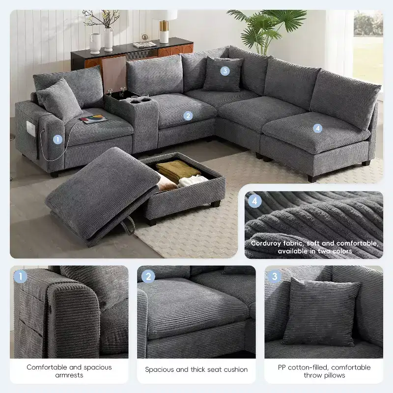 Modern Chenille 4-seat Sectional Sofa with Ottoman, L-Shaped Cloud Couch Set with Throw Pillows