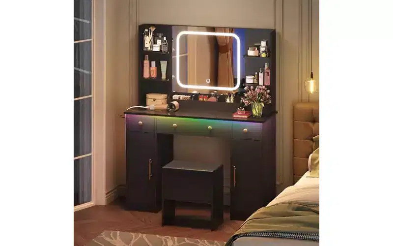 DEXYLLO Makeup Vanity Desk with Lights, LED Vanity with Lighted Mirror, Charging Station, RGB Vanity Table Set with 3 Drawers