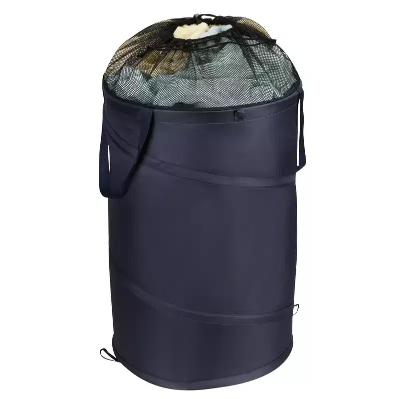 Mesh Pop Up Laundry Hamper, Mesh Top with Drawstring Cord, 2 Sturdy Handles, Navy