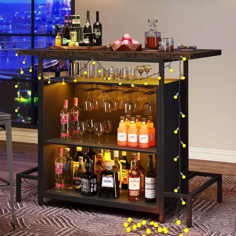 3-Tier Home Wine Bar Cabinet – Brown & Black, Metal Frame with Stemware Rack
