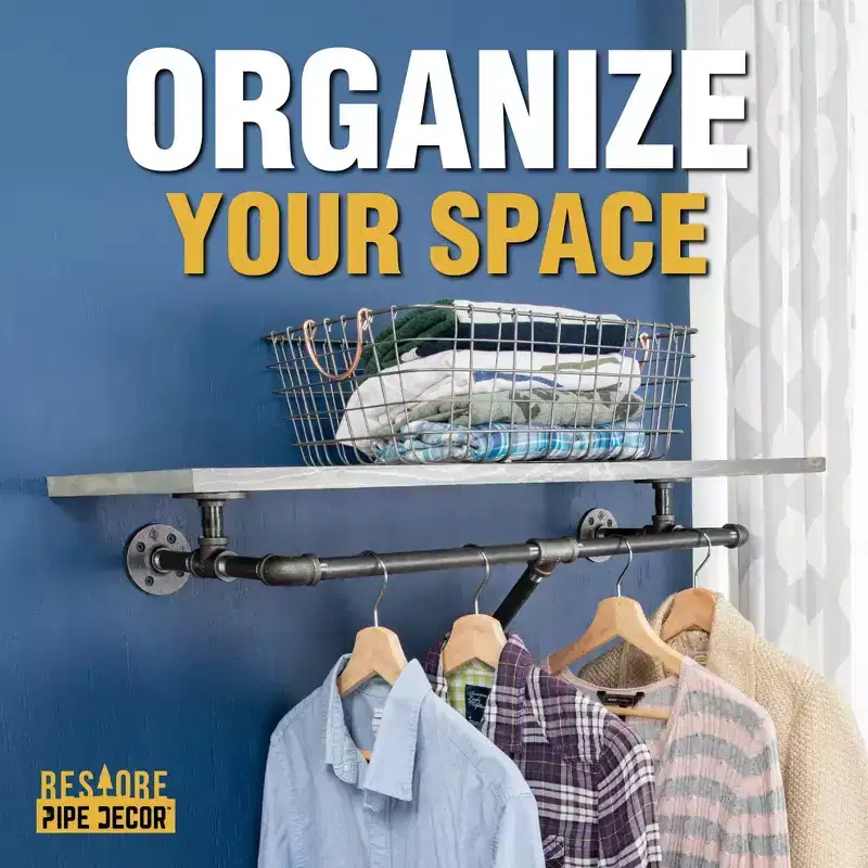 Pipe Decor 36 in. Wall Mounted Clothing Rack with Wood Shelf, Riverstone Grey