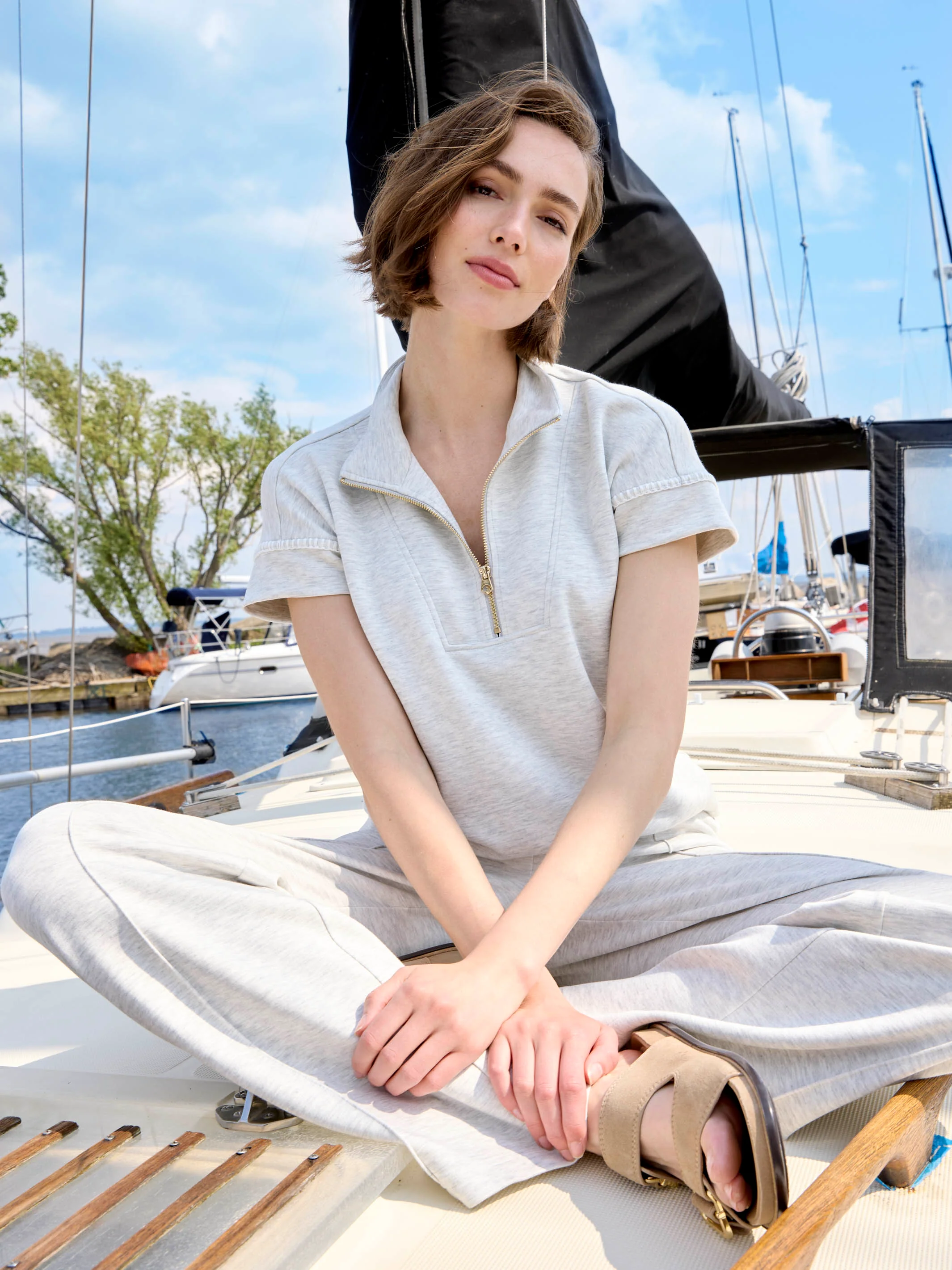 Short Sleeve Half-Zip Top - Heather Light Grey