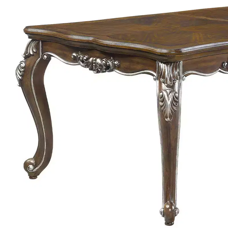96" Latisha Dining Table Antique Oak Finish - Acme Furniture: Hand-Brushed Silver, Floral Moldings, Extension Leaf