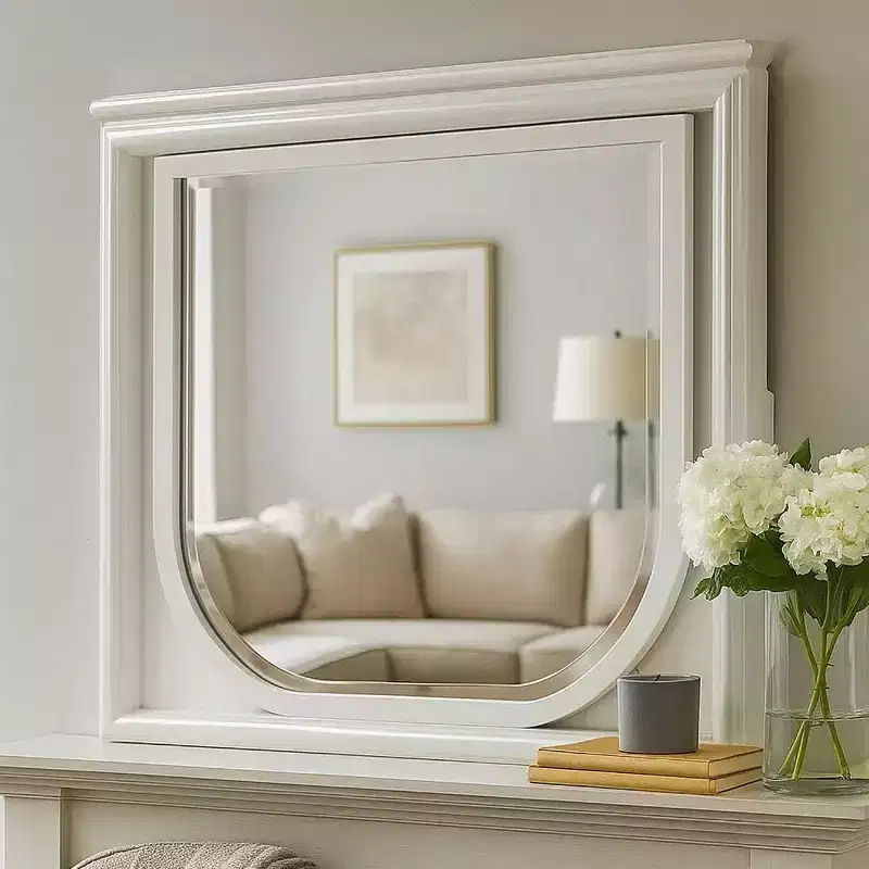 Royal Hampton Dresser Mirror, 38 Inch, White Rubberwood, Embossed Panels w LED