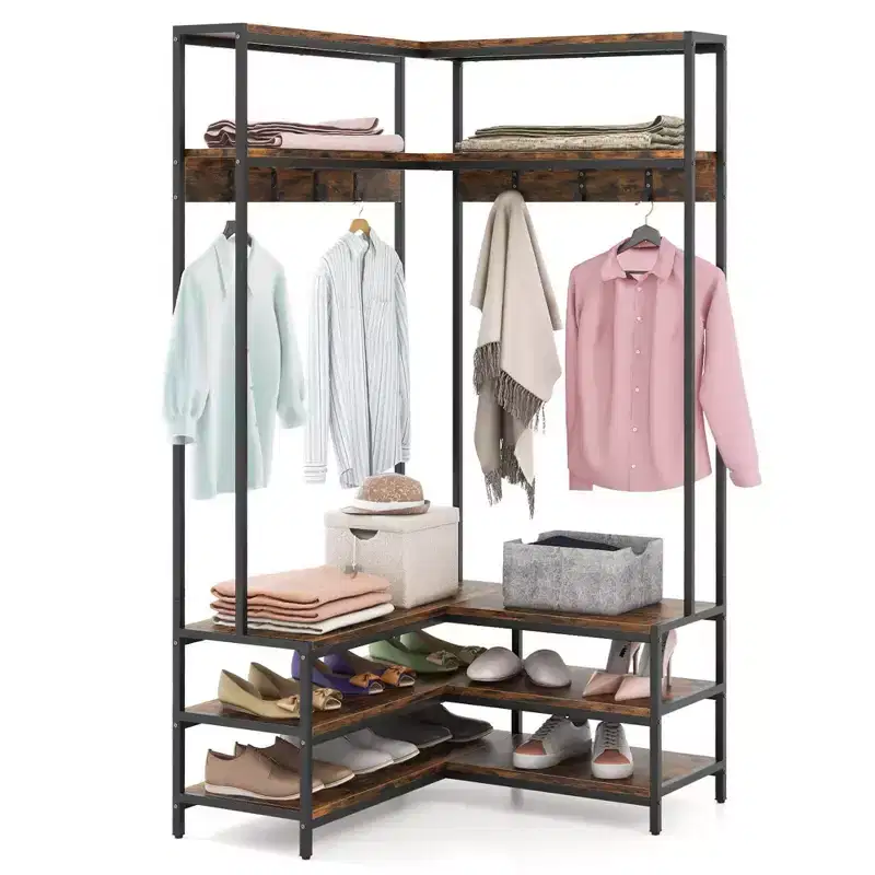 Costway Corner Garment Rack L-shaped Clothes Rack with Open Shelves & Adjustable Foot Pads Rustic Brown/Walnut/White
