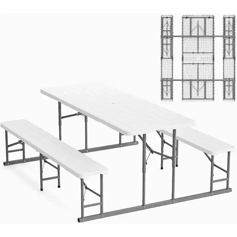 VINGLI Folding Picnic Table and Bench Set, Portable Outdoor Dining Furniture for Camping, Patio, Backyard, with Metal Frame (White)