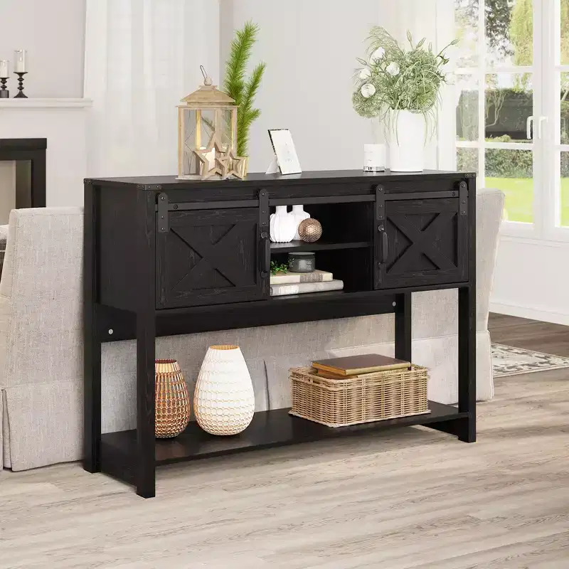Rustic Farmhouse Console Table 46 with Sliding Barn Door, Entryway Sofa Table with Drawers and Adjustable Shelf