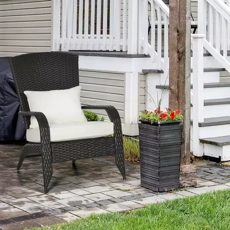 Outsunny Patio Adirondack Chair with All-Weather Rattan Wicker, Soft Cushions, Tall Curved Backrest for Deck or Garden
