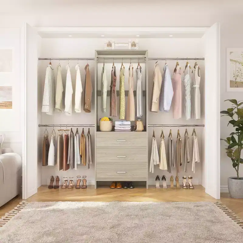 Closet System with 4 Hanging Rods and Drawers