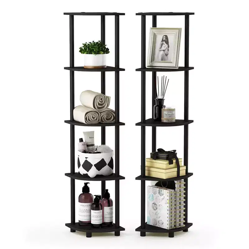 Furinno 2 PCS 5-Tier Decorative Bookshelf Open Multipurpose Shelves Corner Display Rack,Espresso/Black