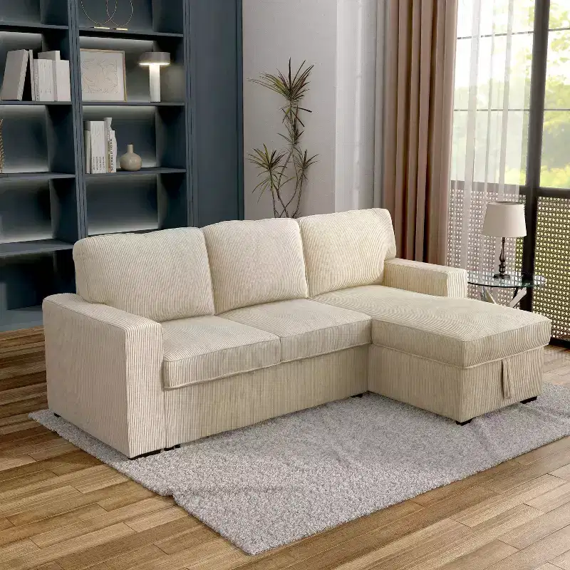HOMES: Inside + Out Paeke Sleeper Sectional Sofa Corduroy with Storage Chaise and Reversible