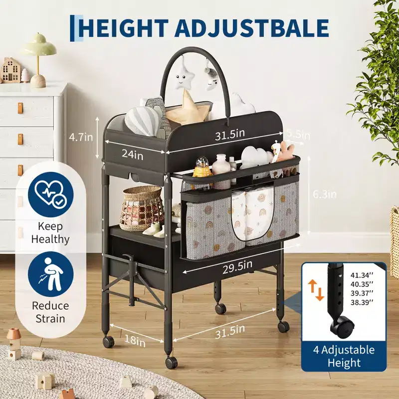 Folding Baby Changing Table Portable with Waterproof Pad,Adjustable Height Station with Storage Drawers, Mobile Nursery Organizer for Newborn&Infant
