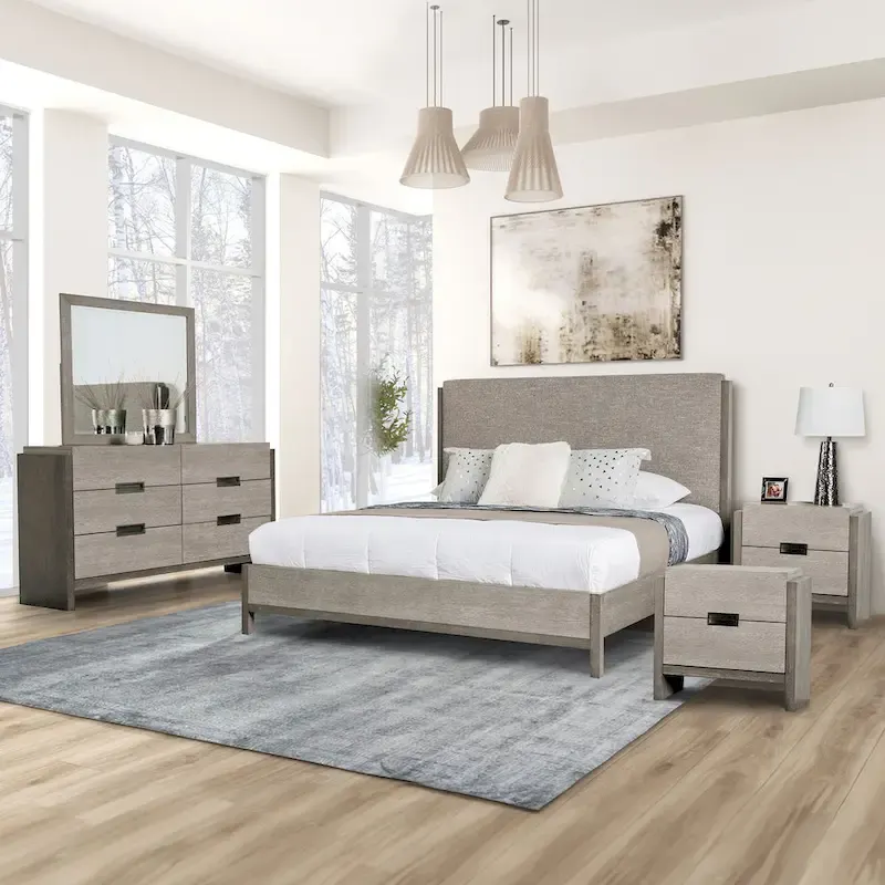 Modern-Style 5-Piece Bedroom Set with Gray Solid Wood Panels (Includes Bed, Two Nightstands, Dressing Table, and Mirror)