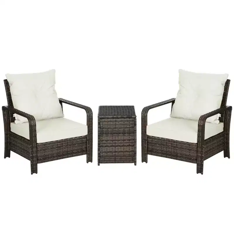3 Piece Patio Furniture, PE Wicker Storage Table & Chairs