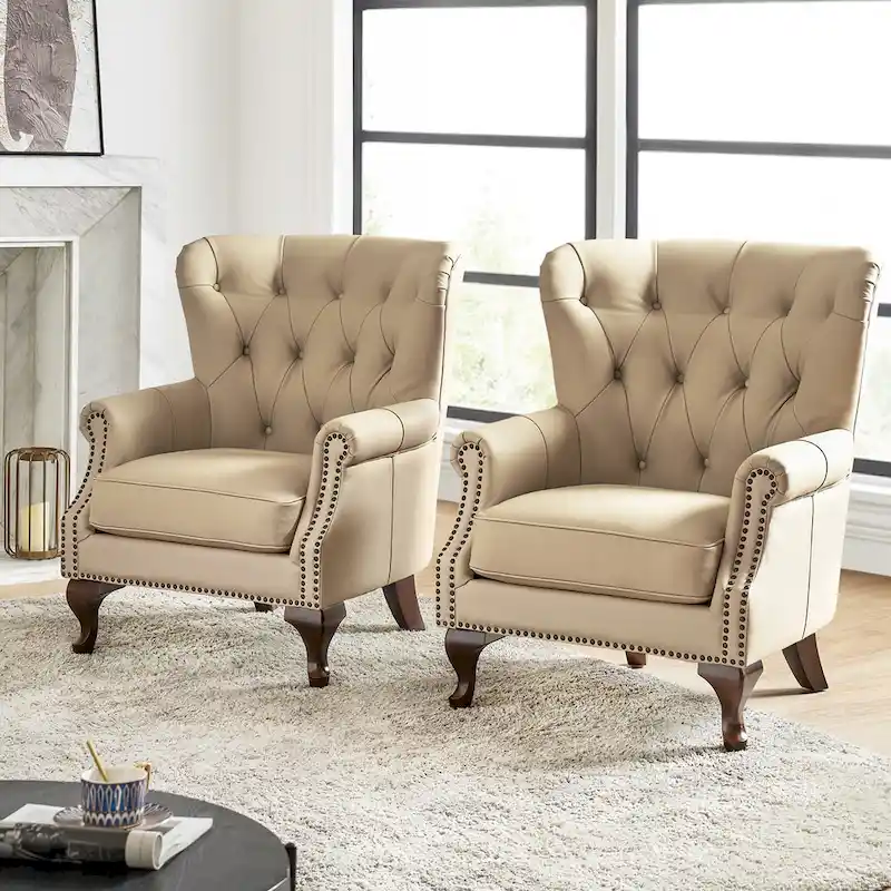 Gerhard Genuine Leather Armchair with Nailhead Trims and Removable Cushion Set of 2 by HULALA HOME