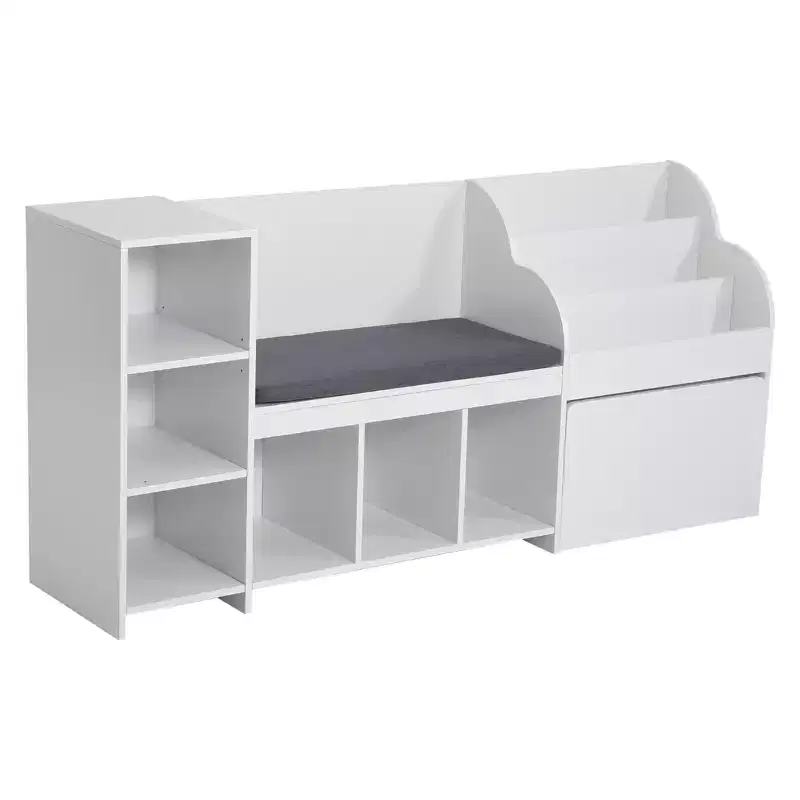 VEVOR Kids Reading Nook, Wooden Storage Bench with Backrest, Kids Bookshelf & Toy Organizer, Large Toy Box Chest for Playroom, Living Room, White