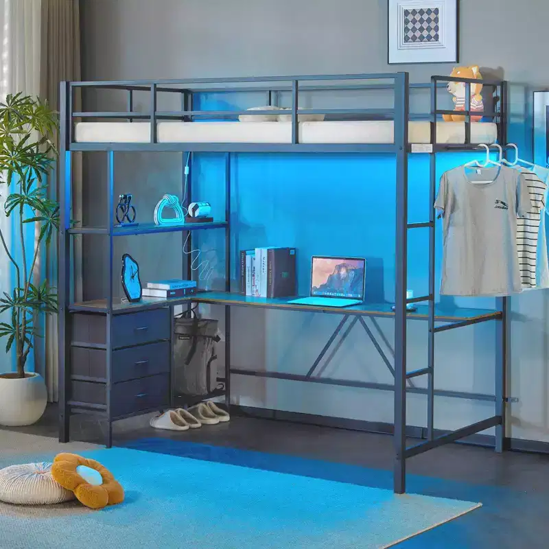 Black Twin Loft Bed with L-Shaped Desk for Kids & Teens – Metal Bunk Bed with 3 Storage Drawers