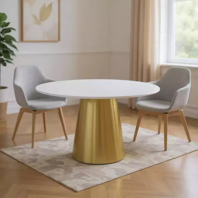 54 in. Gray White and Gold Marble and Metal Pedestal Base Round Dining Table