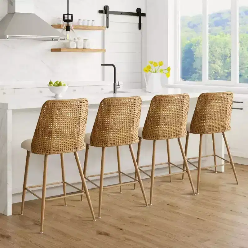 Set of 4 Boucle Rattan Counter Stools, 27 Upholstered Bar Chairs with Rattan Back for Kitchen Island or Breakfast Bar