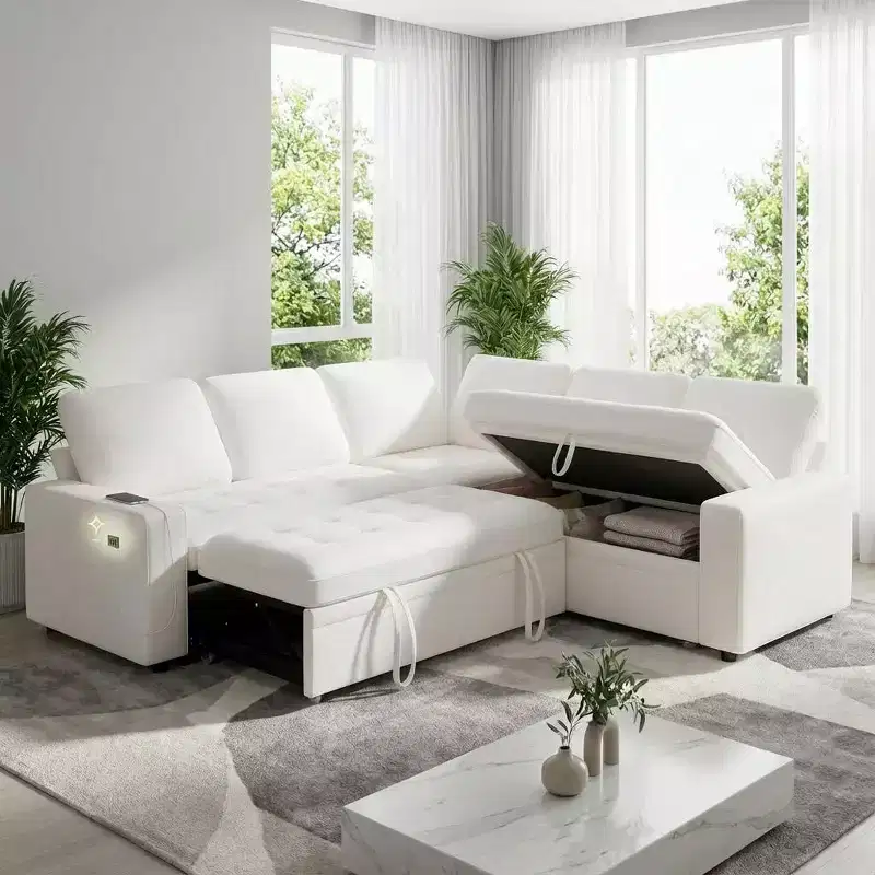 Dyonery 5-Seat Modular Sectional Sofa Bed for Small Spaces, L-Shaped Couch with Pull Out Bed, Storage, USB Ports & Recliner