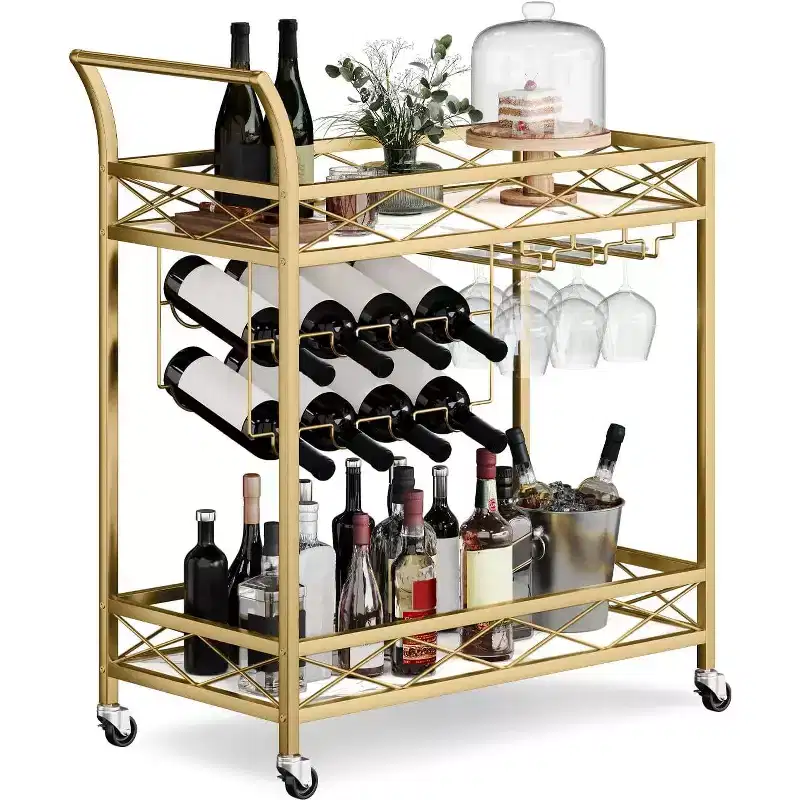 CuisinSmart 2-Tiers Bar Carts, Mobile Kitchen Seving Carts with Wine Rack and Glass Holder, 2-Tiers Storage Shelves Seving Carts
